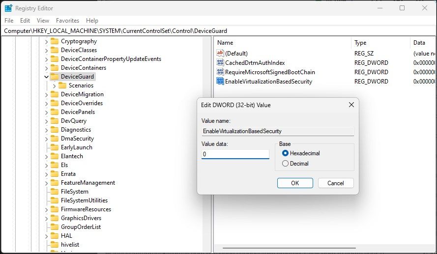 Windows registry editor device guard subkey value 0