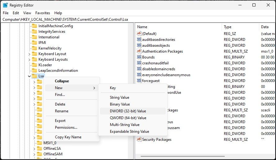 Windows registry editor Lsa subkey create New value