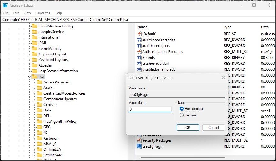 Windows registry editor Lsa subkey value 0