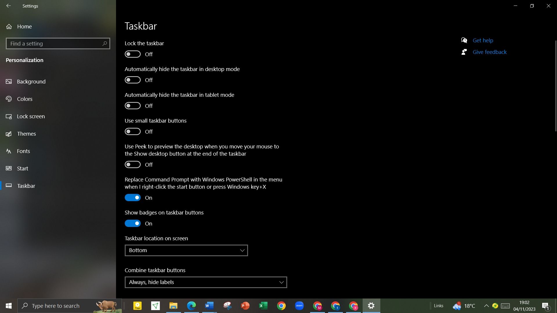 Página de configuración de la barra de tareas en Windows 10