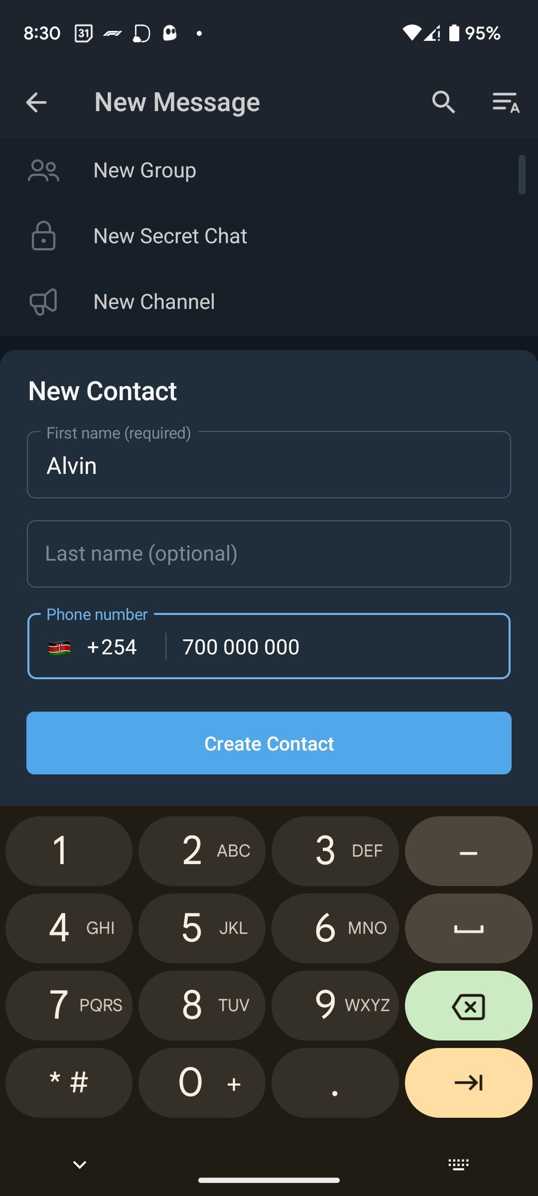 Adding a new contact on Telegram for Android