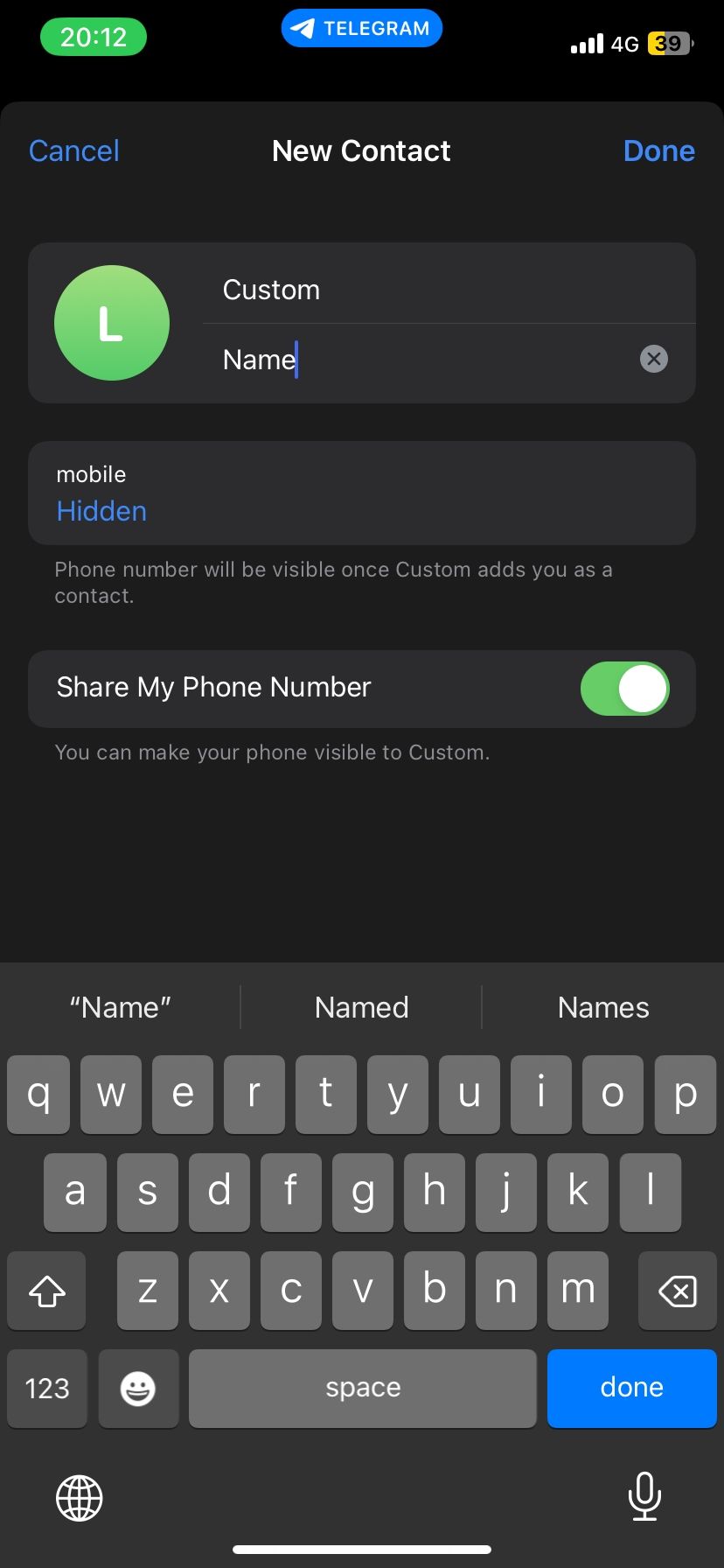 Adding a new contact on Telegram on iOS via username