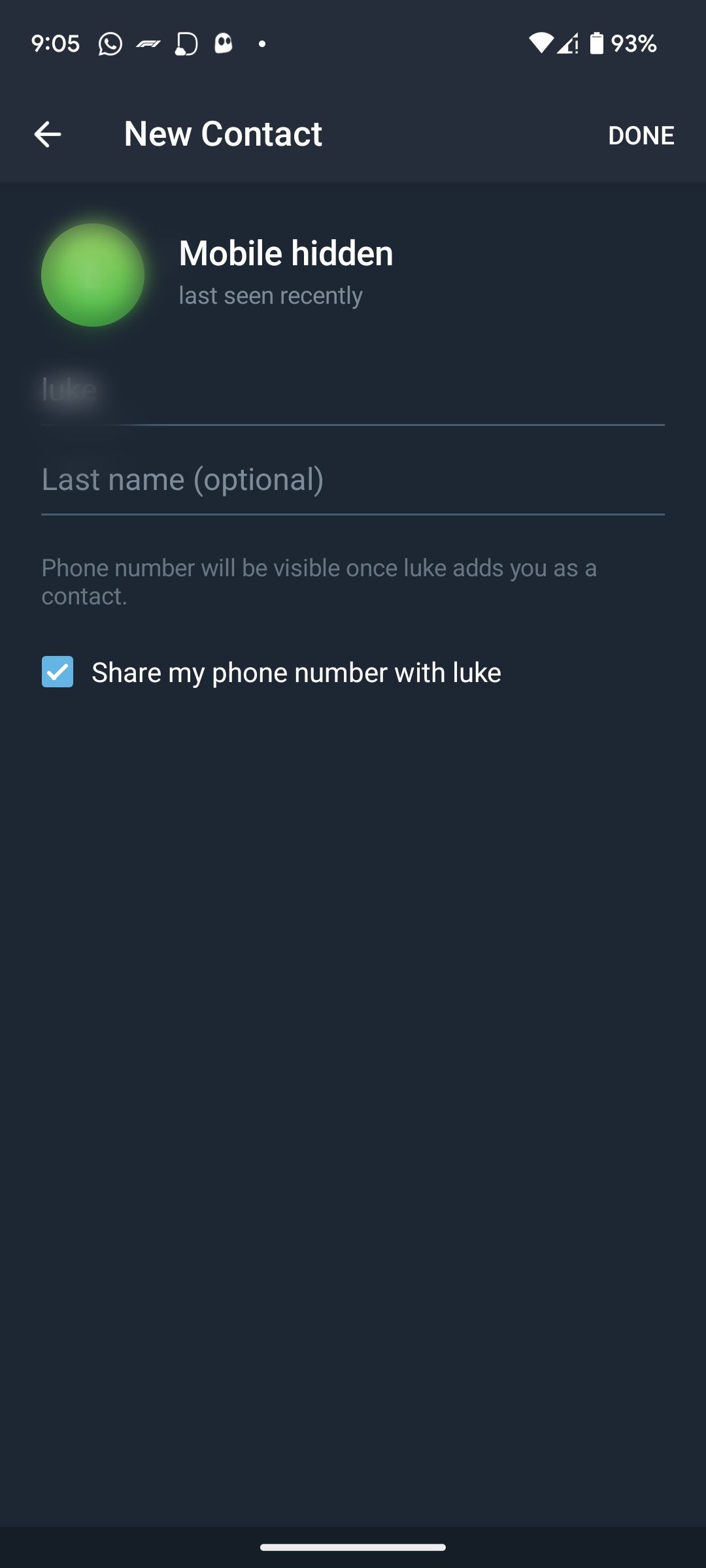 Adding a new contact on Telegram Android via username