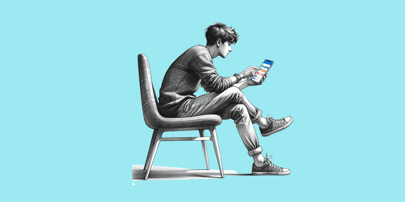 An illustration of a person seated comfortably on a modern chair, engrossed in using their smartphone