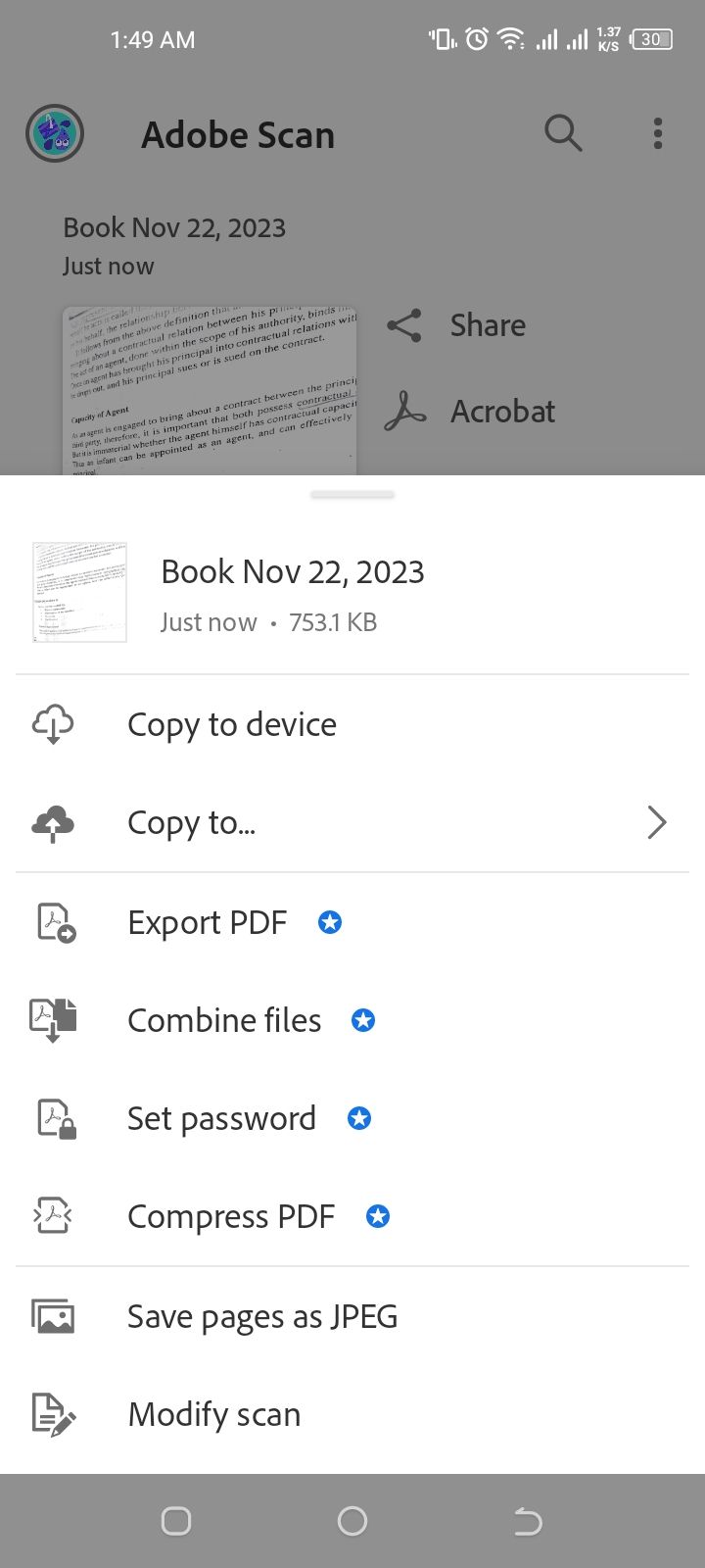 Adobe Scan app settings for sharing a document 