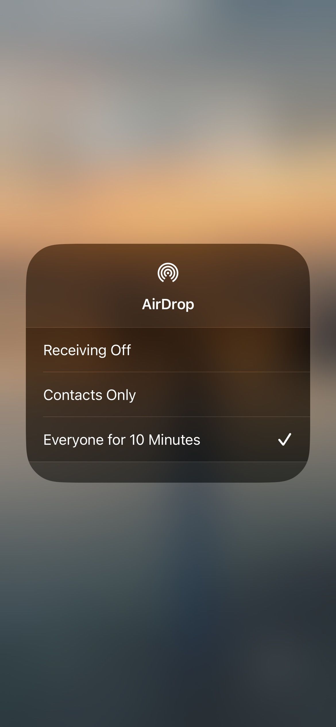 airdrop visibility options in iphone control center