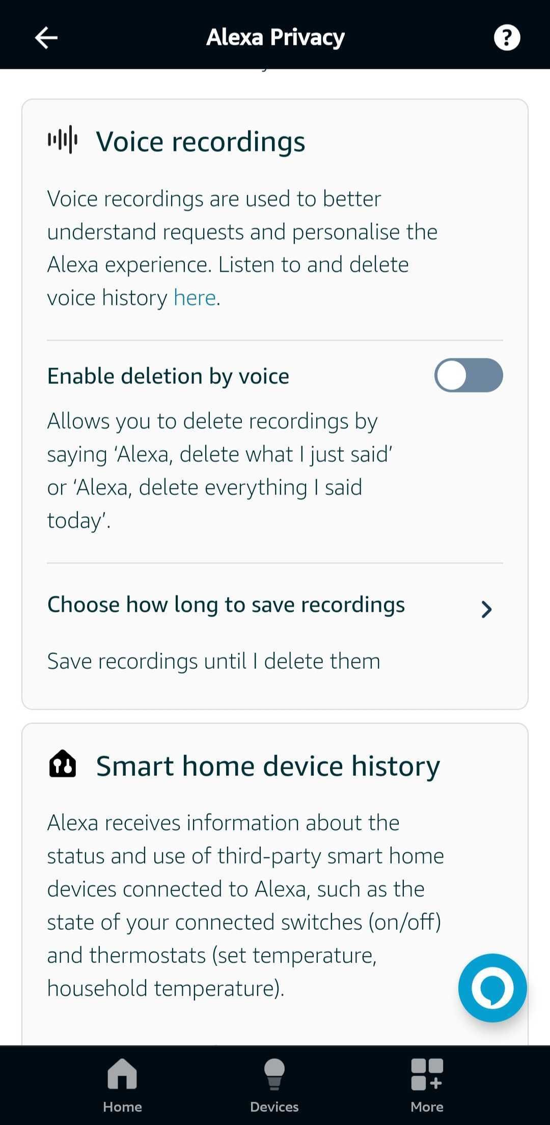 اسکرین شات از گزینه تنظیمات ضبط صدای الکسا
