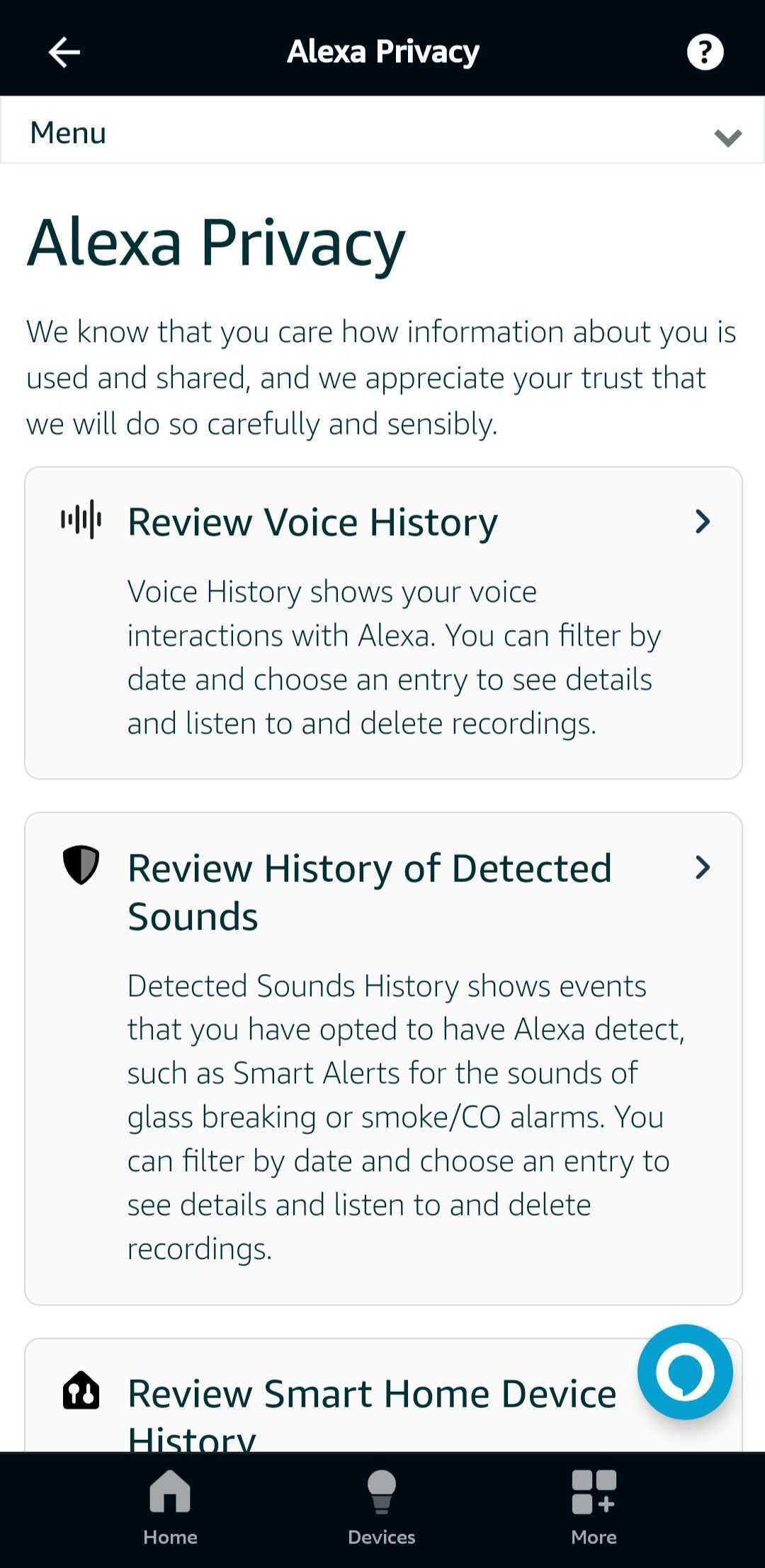 اسکرین شات صفحه اصلی حریم خصوصی اپلیکیشن الکسا