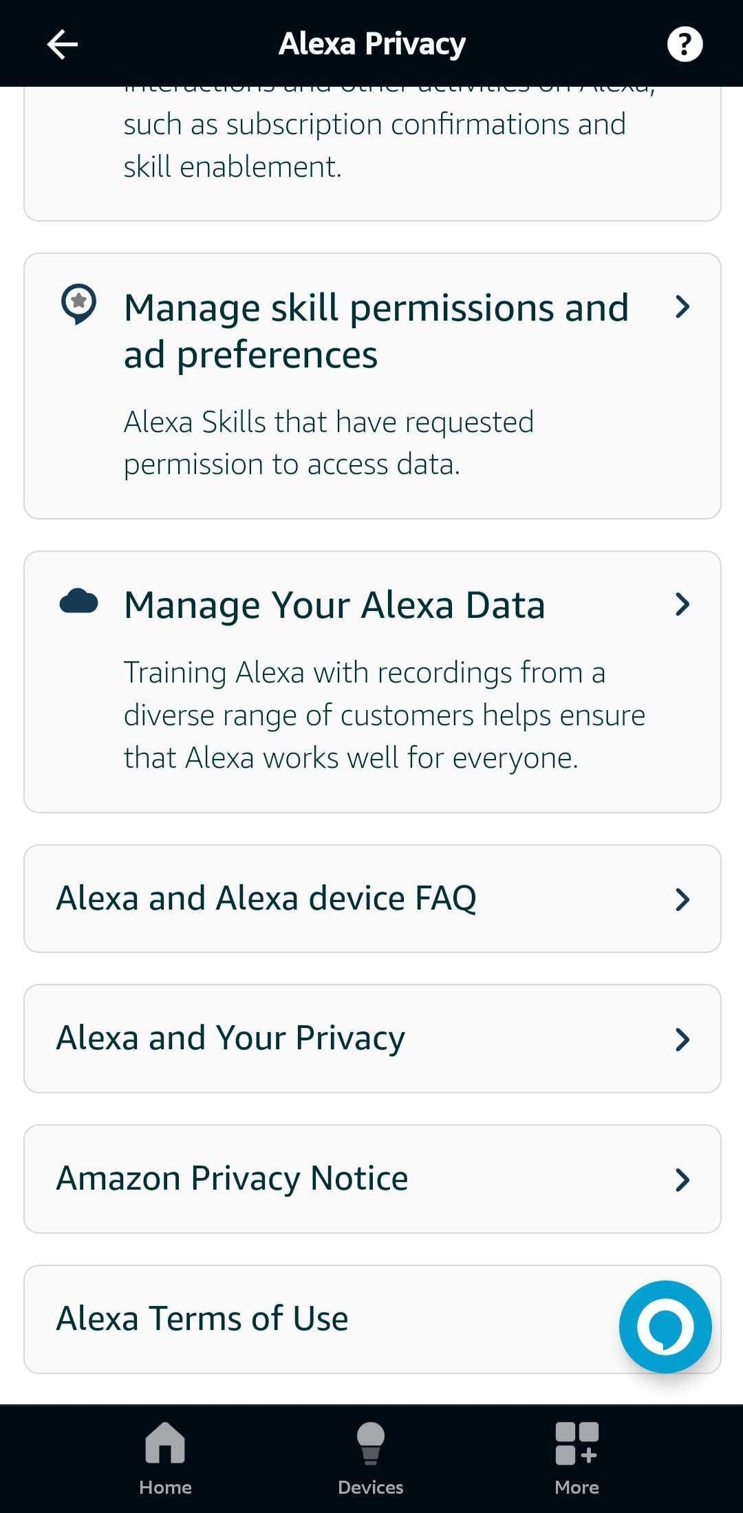 اسکرین شات از صفحه اصلی حریم خصوصی الکسا