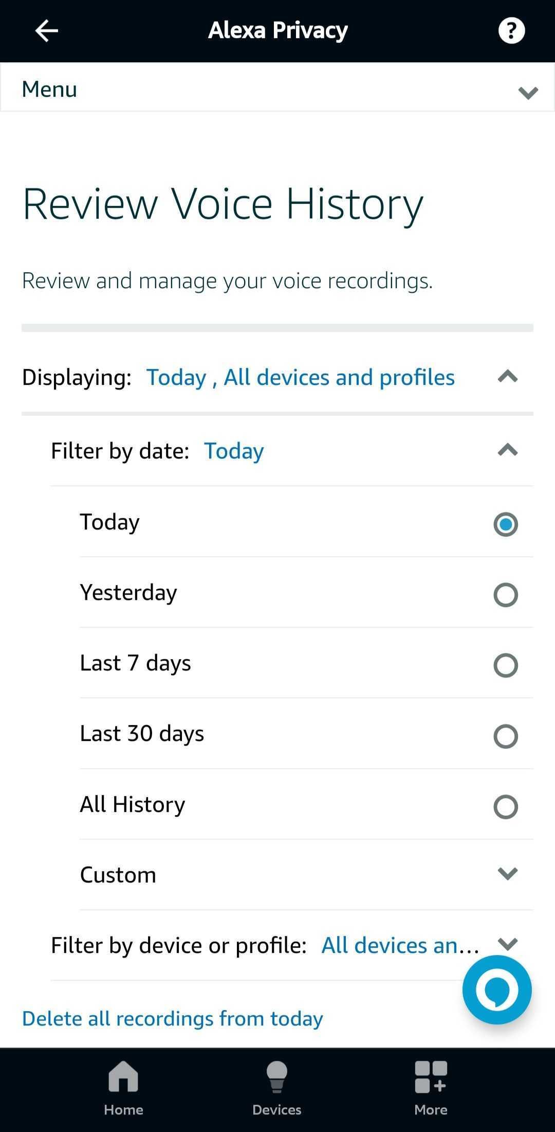 اسکرین شات فیلتر جستجوی تاریخچه صوتی اپلیکیشن الکسا