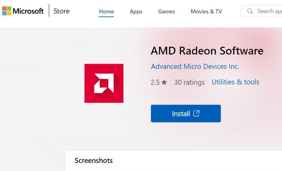 Страница программного обеспечения AMD Radeon в Microsoft Store