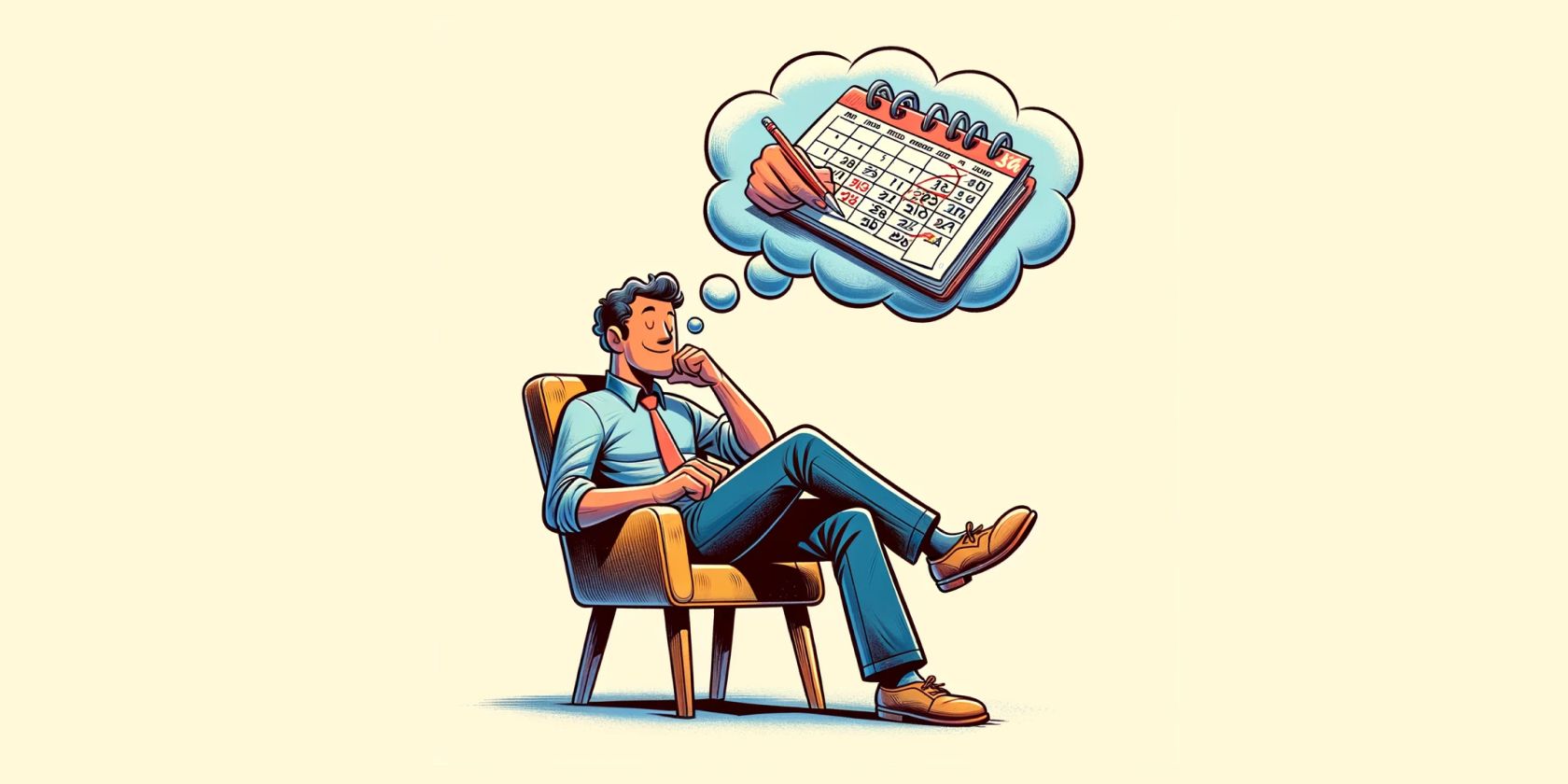 An illustration of a man sitting on a chair, with a thought cloud above his head, containing a calendar.