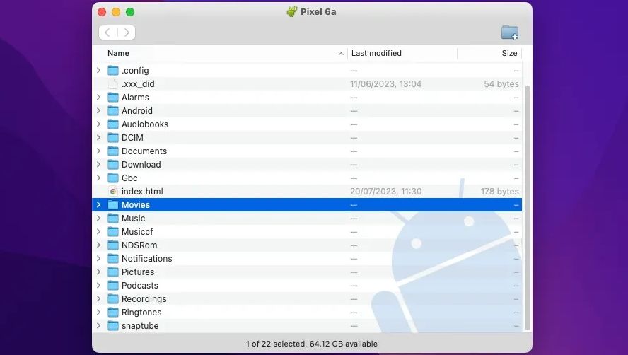 Android File Transfer app running in macOS