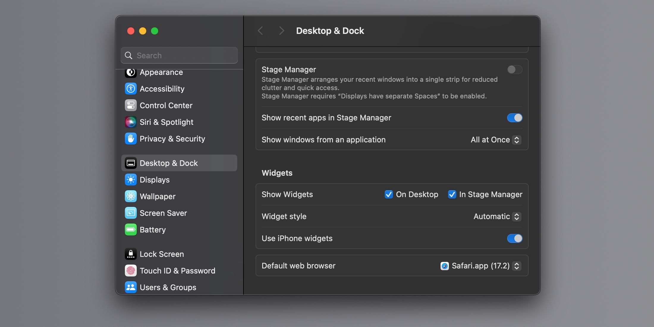 Widget options in System Settings on macOS Sonoma 
