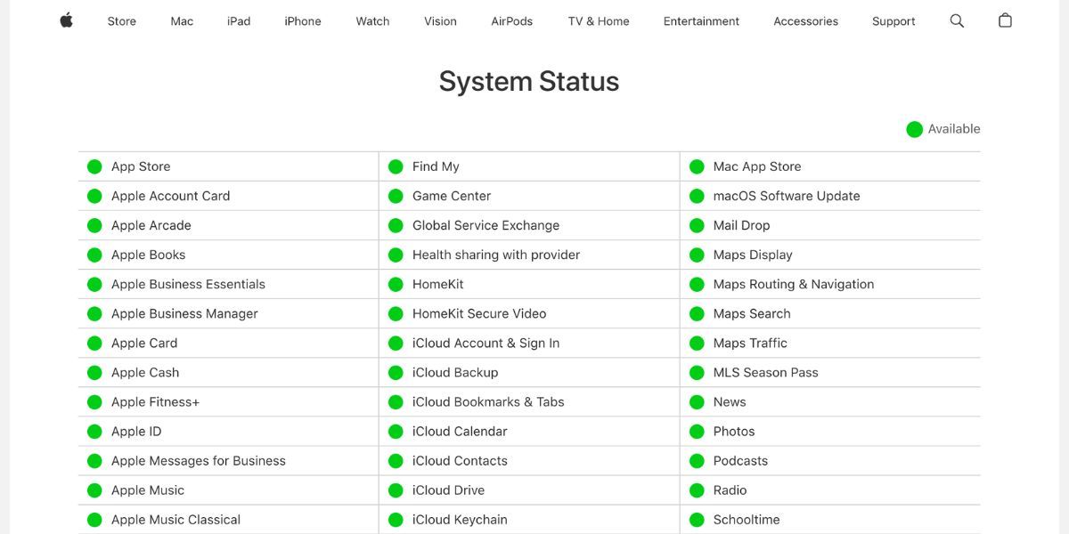 apple system status webpage