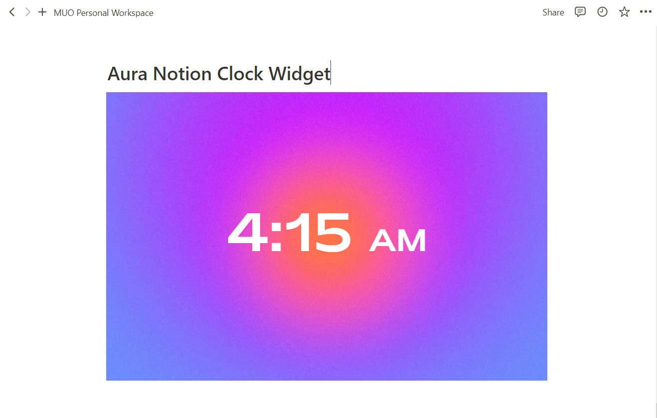 Aura Clock widget in Notion