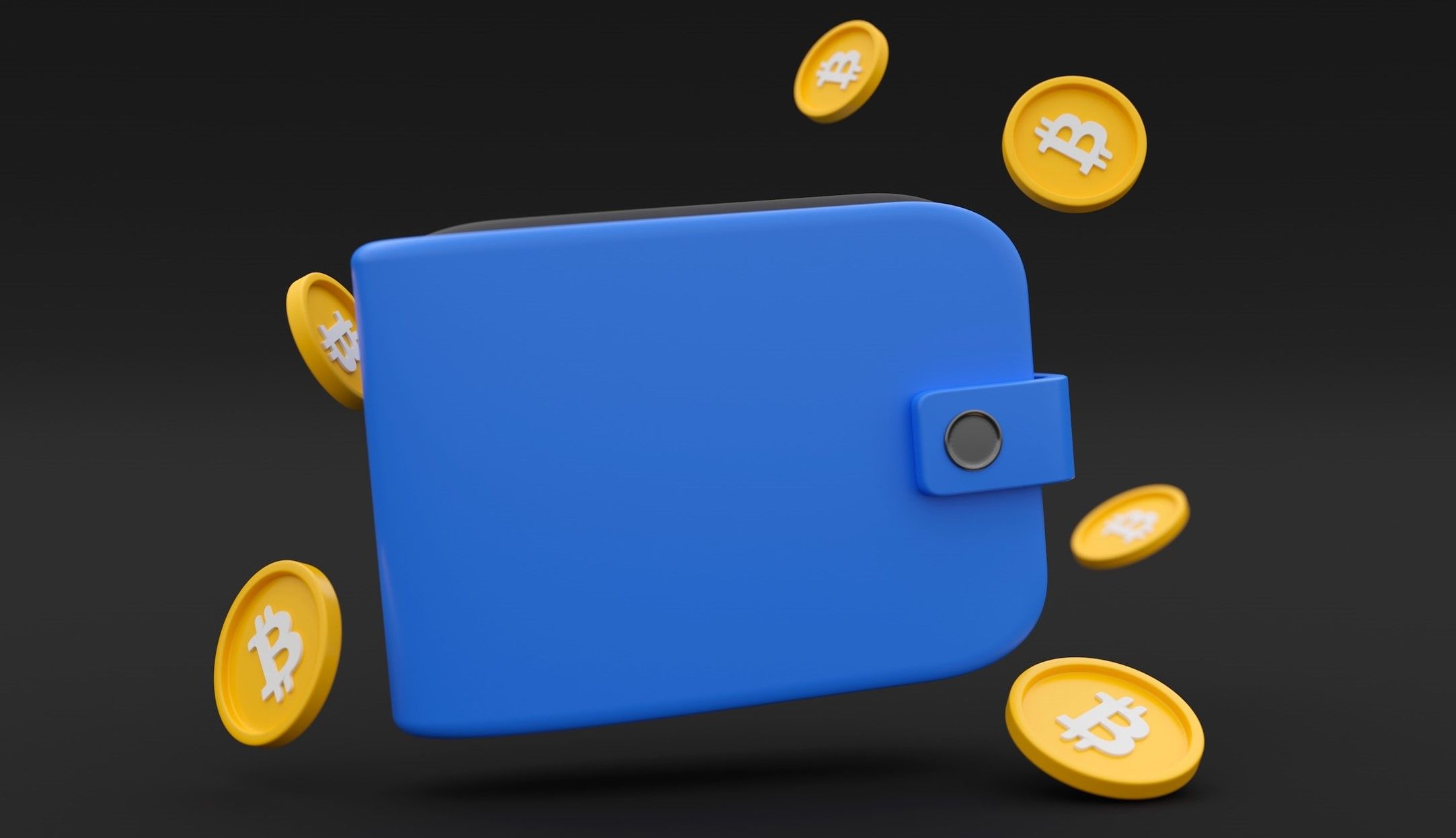 digital graphic of blue wallet surrounding by floating bitcoins