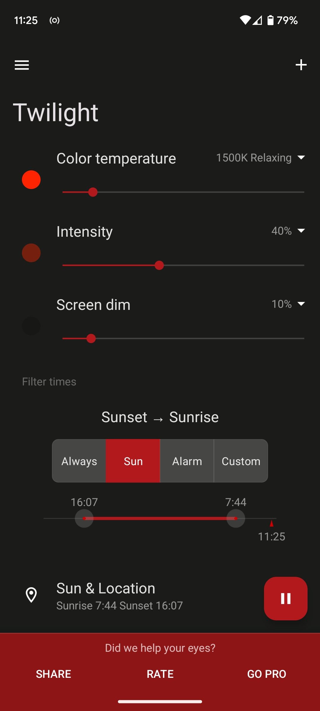 blue light filter settings in twilight app