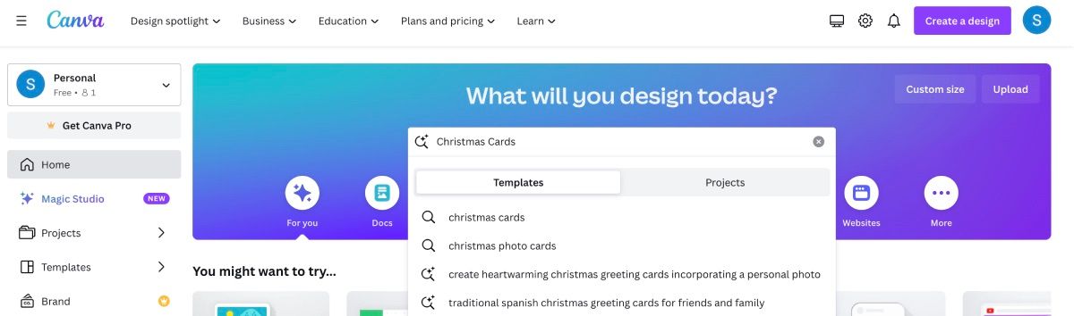 Canva main page with Christmas card in search-1