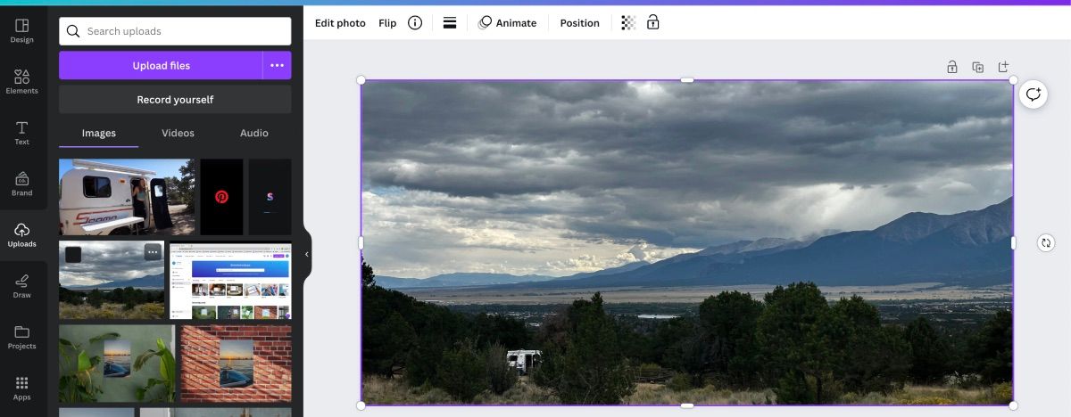 Canva's editor page with photo of the mountains on canvas