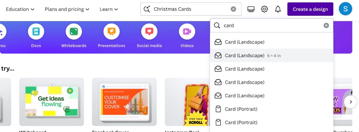 Canva's main page with card written in Create a Design