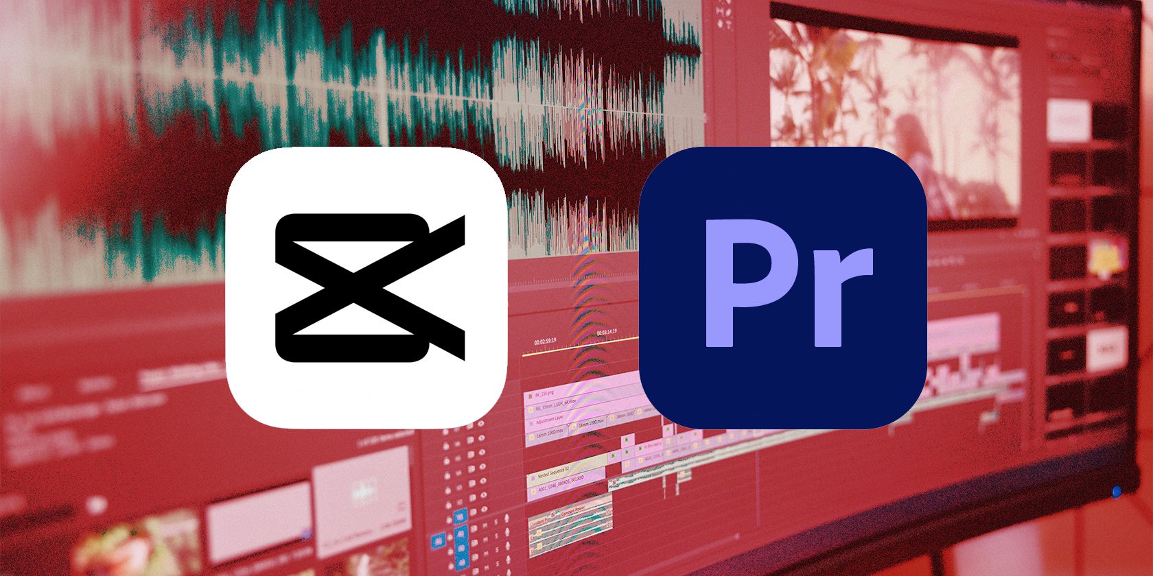 CapCut and Premiere Pro Logos Overlaid on Background of Video Editing Software.