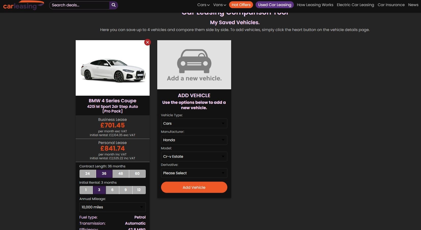 screenshot of car leasing lease calculator saved list