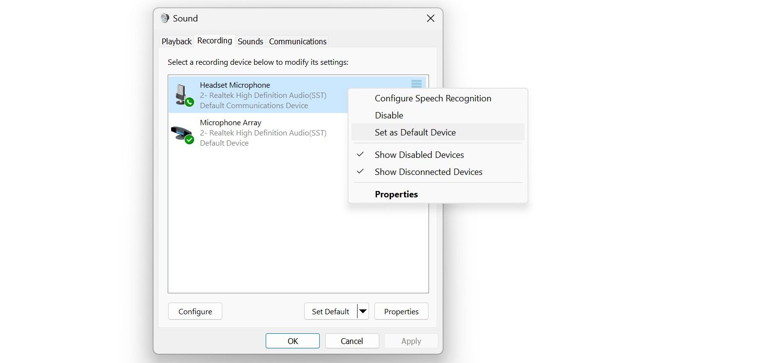 Changing the default microphone device in the sound settings window
