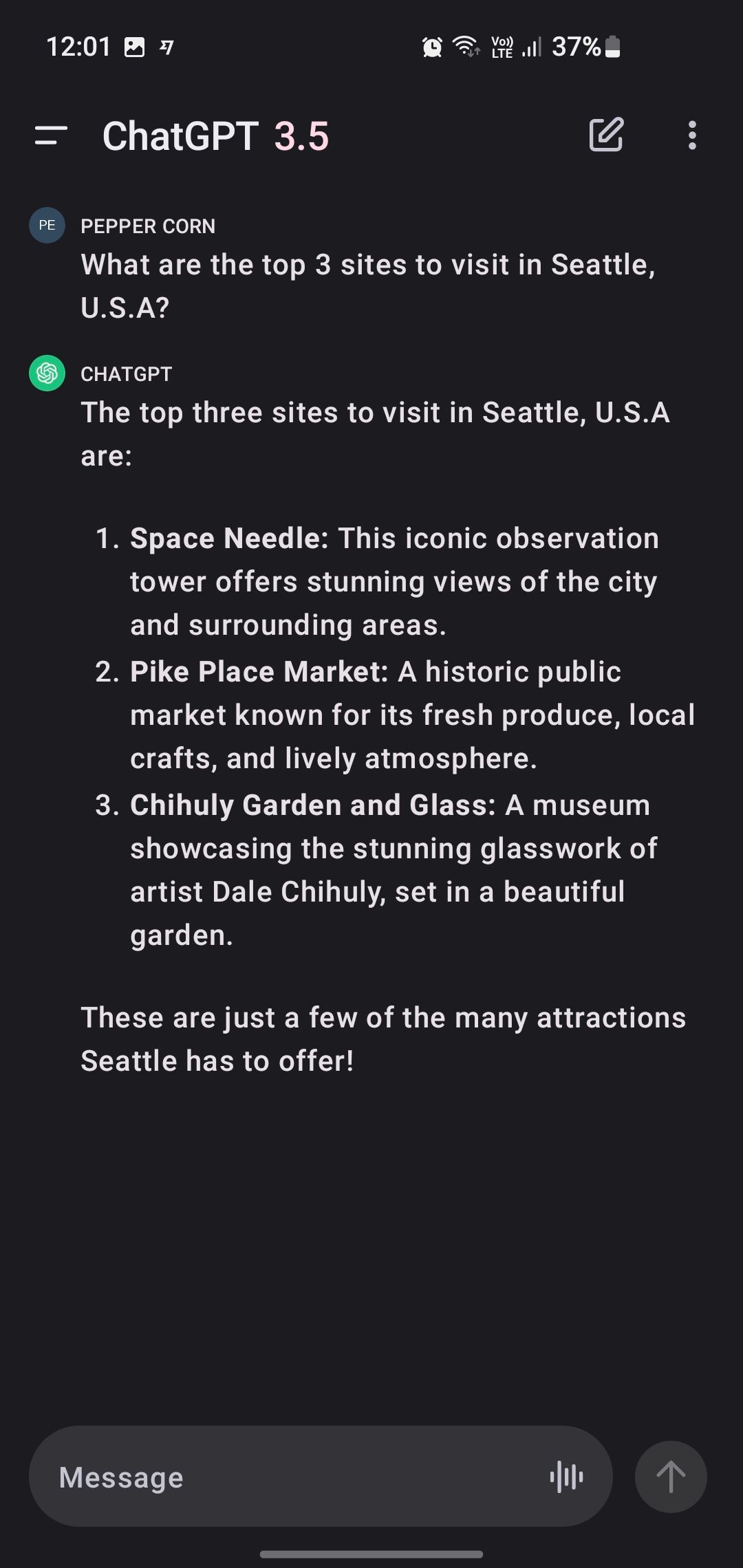 ChatGPT lists attractions in Seattle