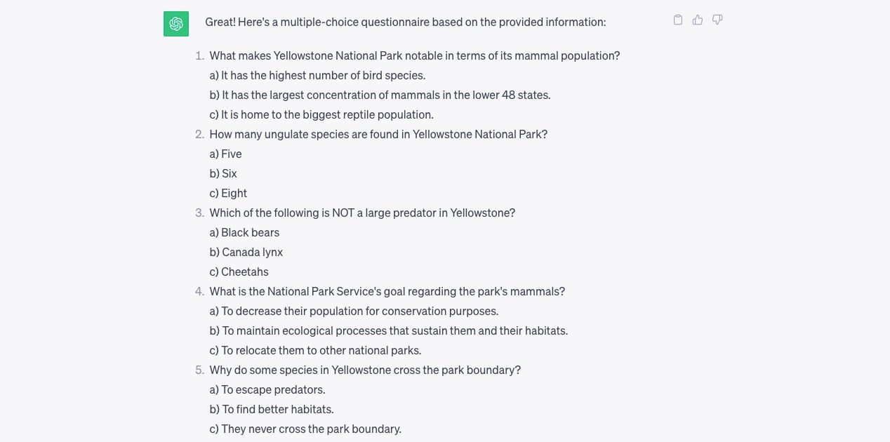 ChatGPT produces a multichoice questionaire on Yellowstone Park