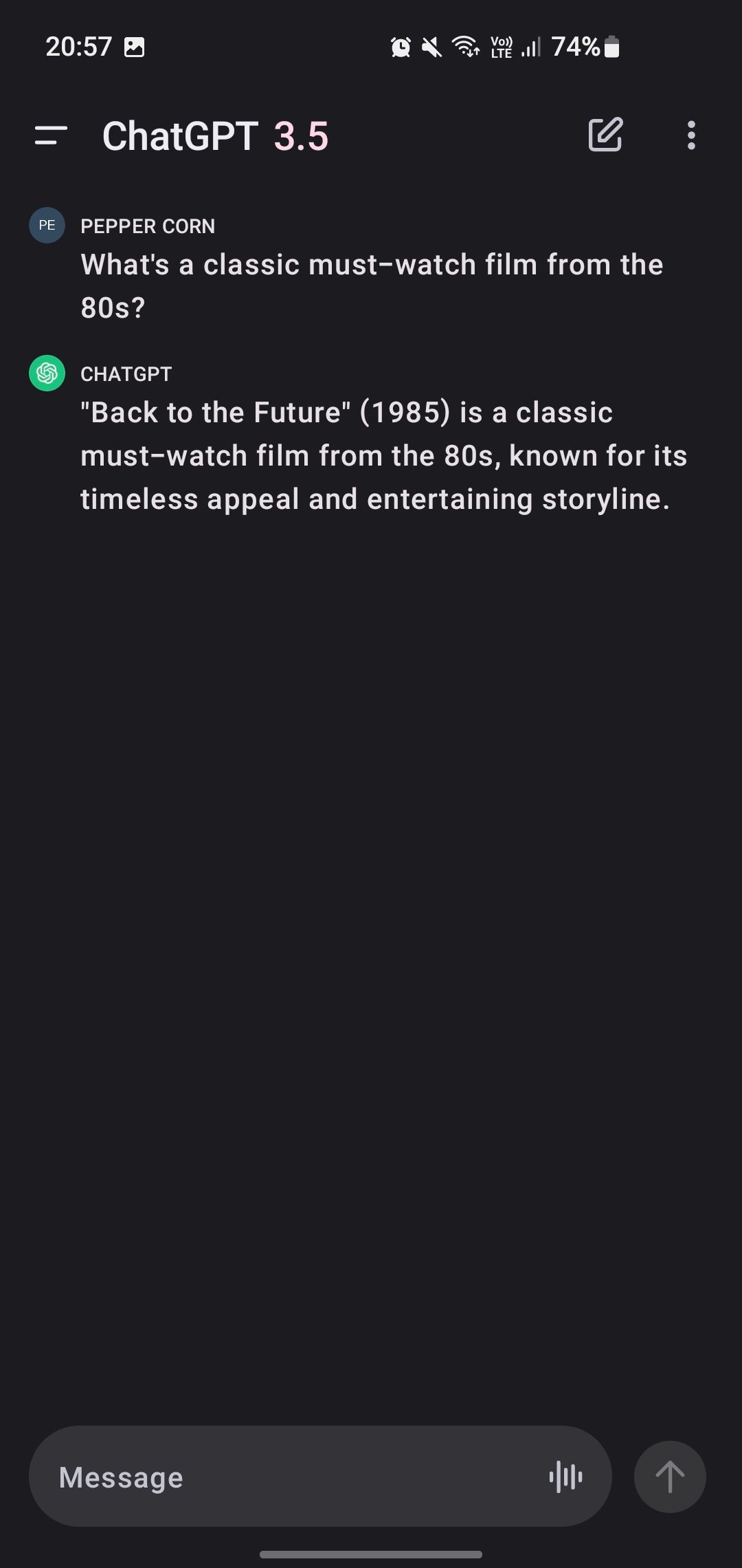 ChatGPT recommending a classic 80s film