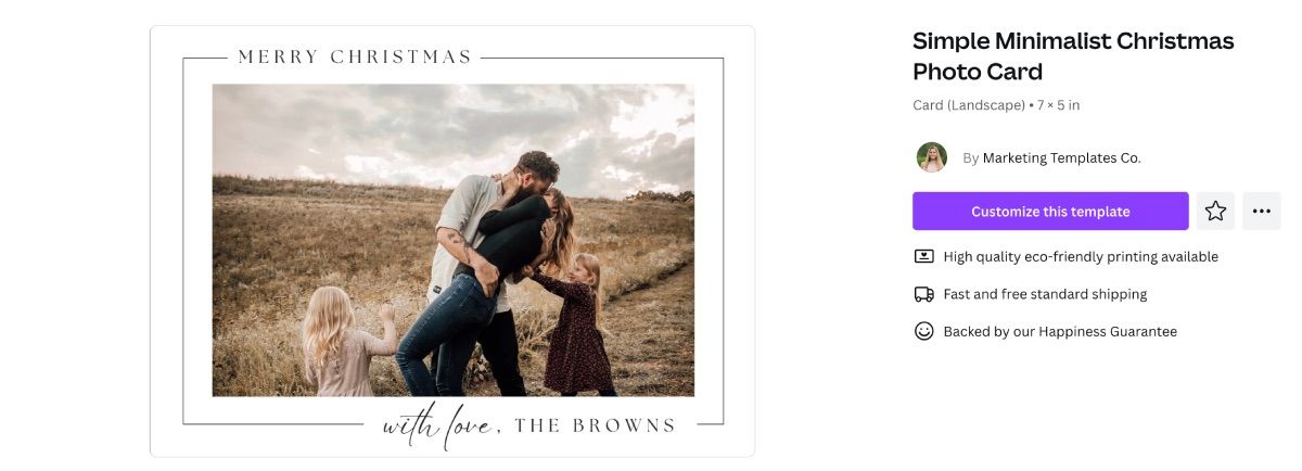 Christmas card template on Canva with customization button