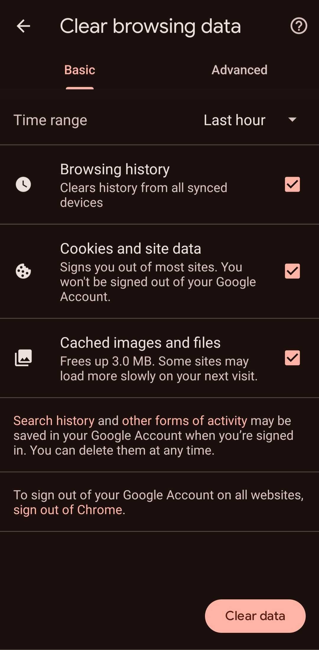 Chrome app clear browsing data menu
