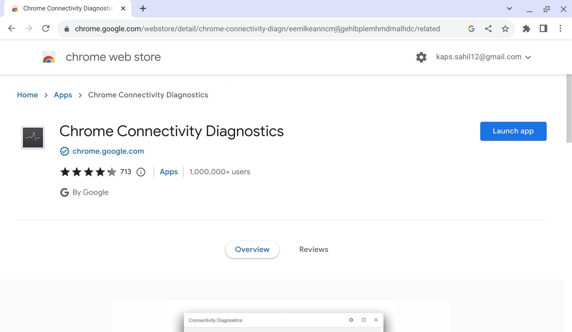 دکمه راه‌اندازی برنامه Chrome Connectivity Diagnostics