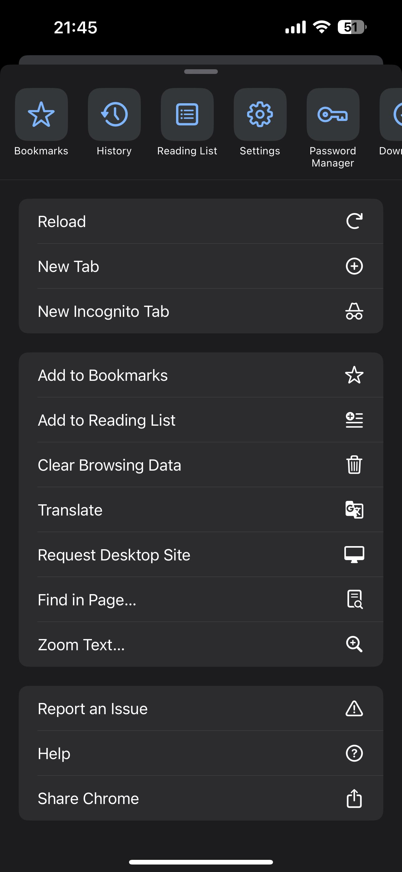 Chrome app displaying settings