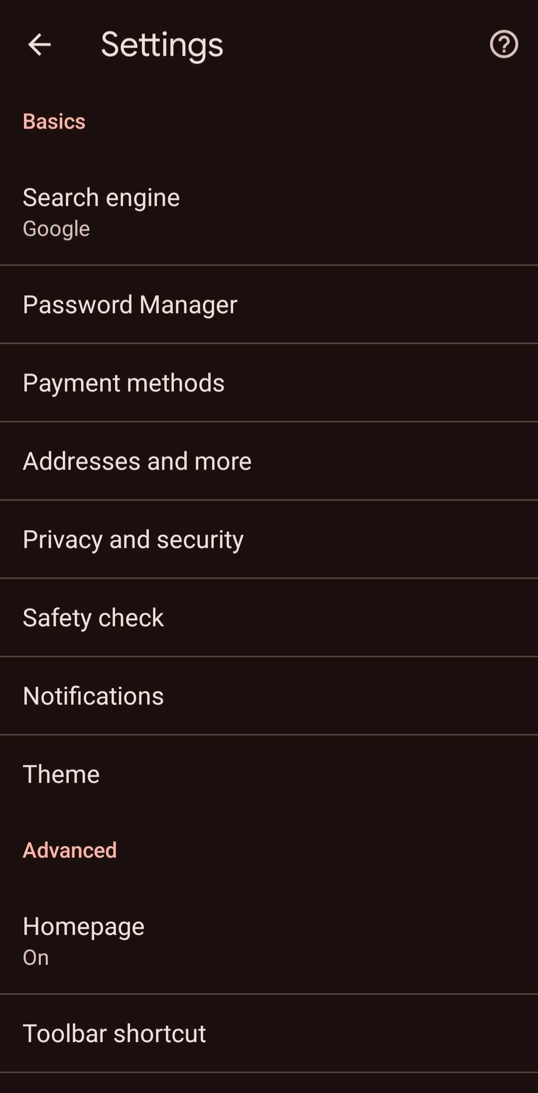 Chrome app settings menu