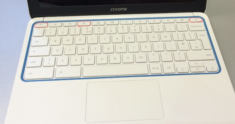 chromebook keyboard with escape refresh and power keys highlighted