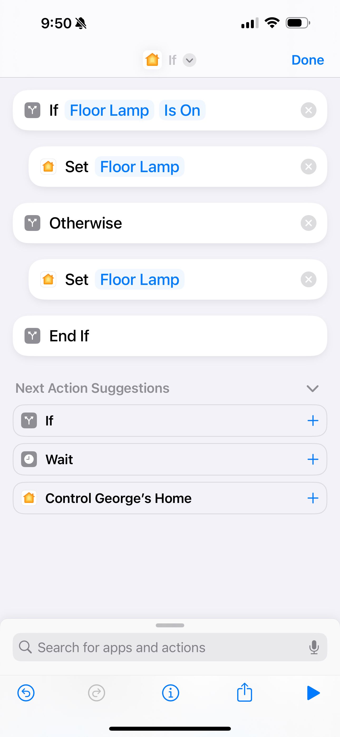 iOS Shortcut to turn on or off lights depending on current state using if statement