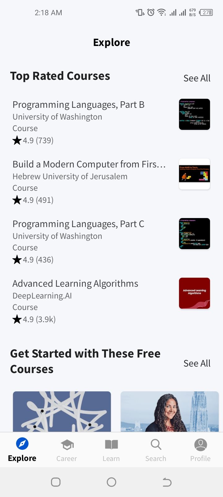 Coursera app explore section 