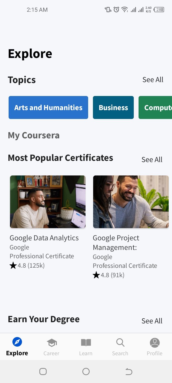 Screenshot of Coursera app explore section 
