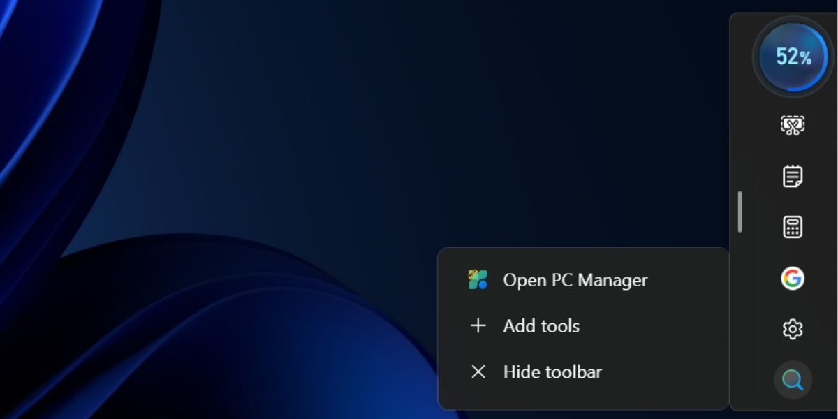 Настройка панели инструментов в Microsoft PC Manager