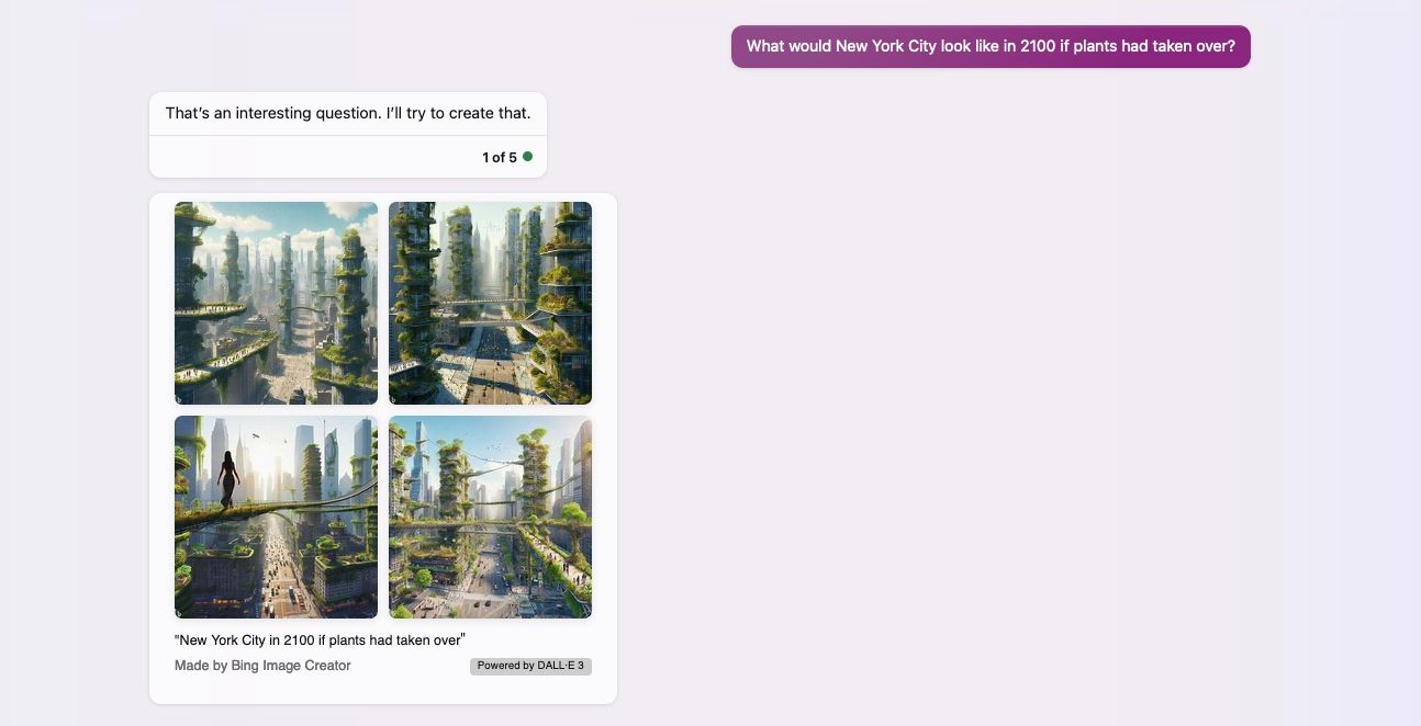 DALL-E 3 در بینگ چت تصویر شهری پوشیده از گیاهان