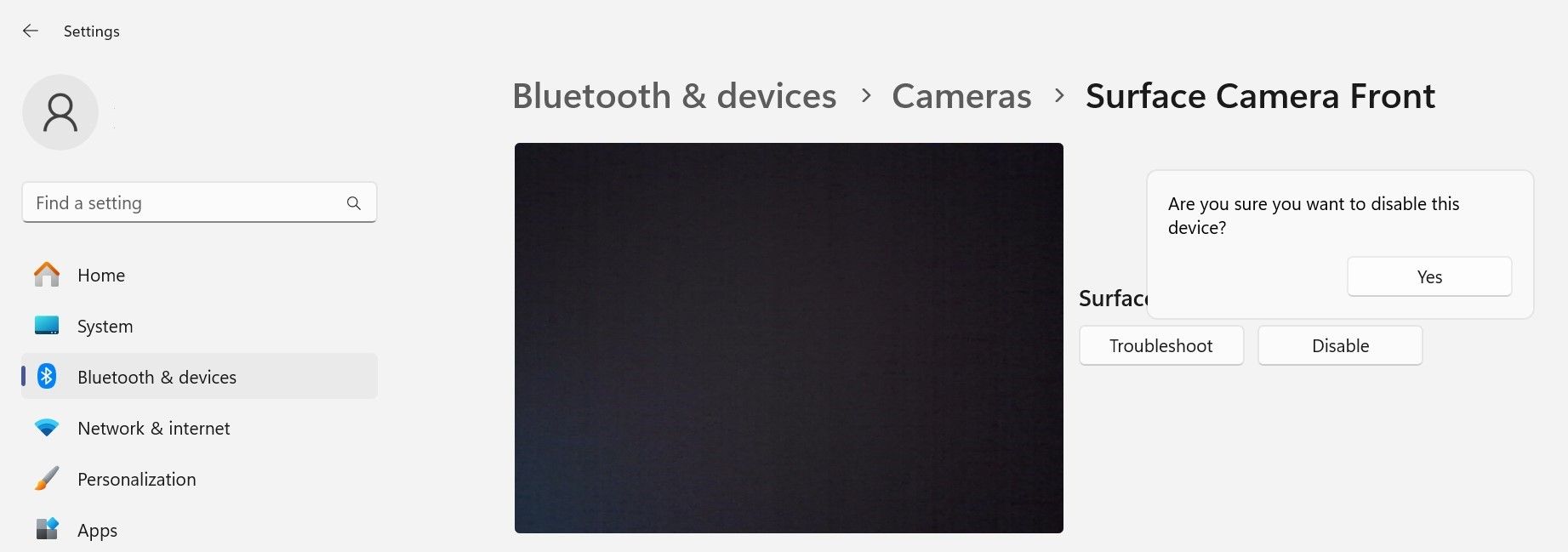 Disabling a camera device from the Windows Ssettings