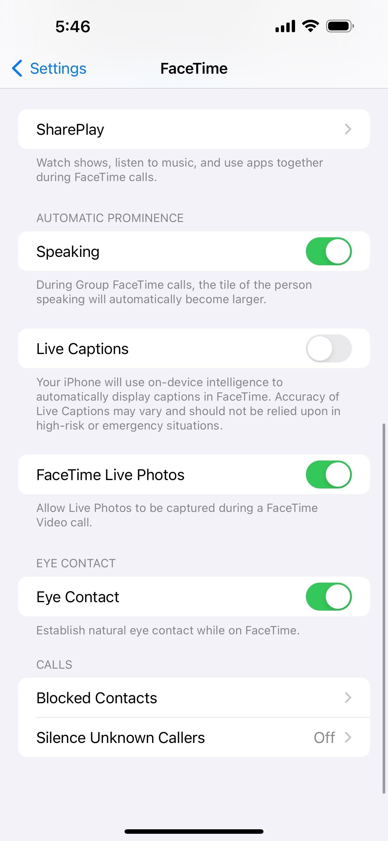 FaceTime Live Photos toggle enabled