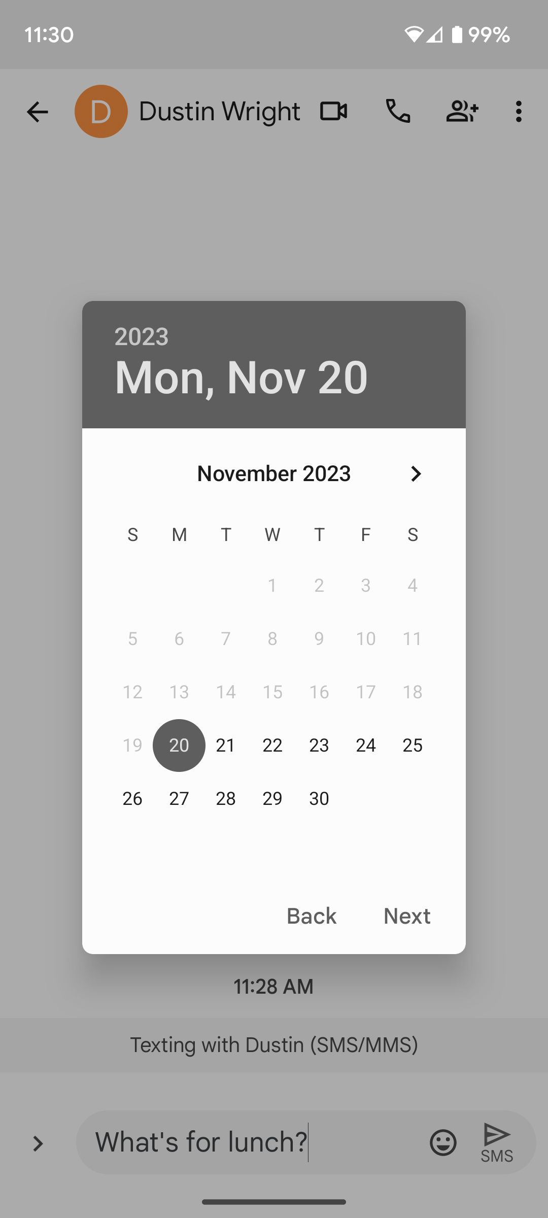Choosing date to schedule message in Google Messages