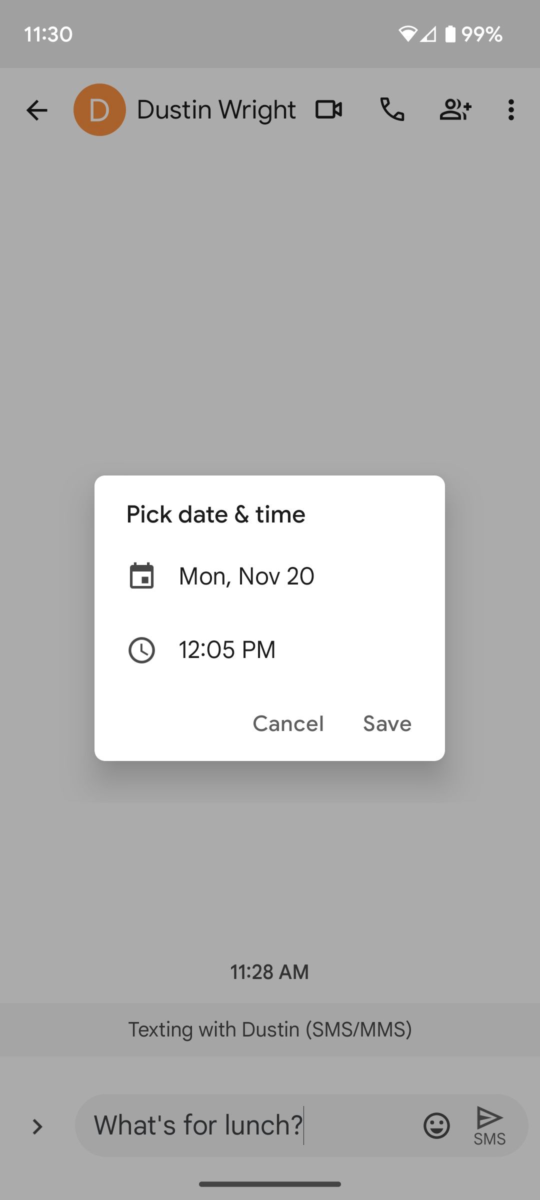 Confirming to schedule a message in Google Messages
