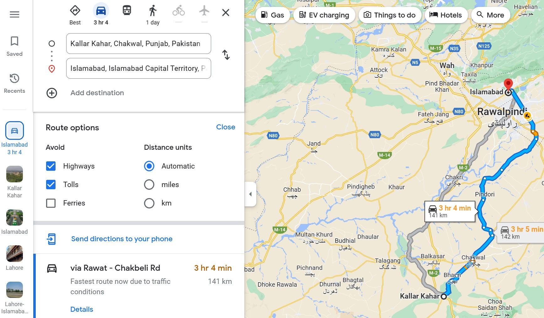 Google Maps montrant un emplacement sans péages ni autoroutes