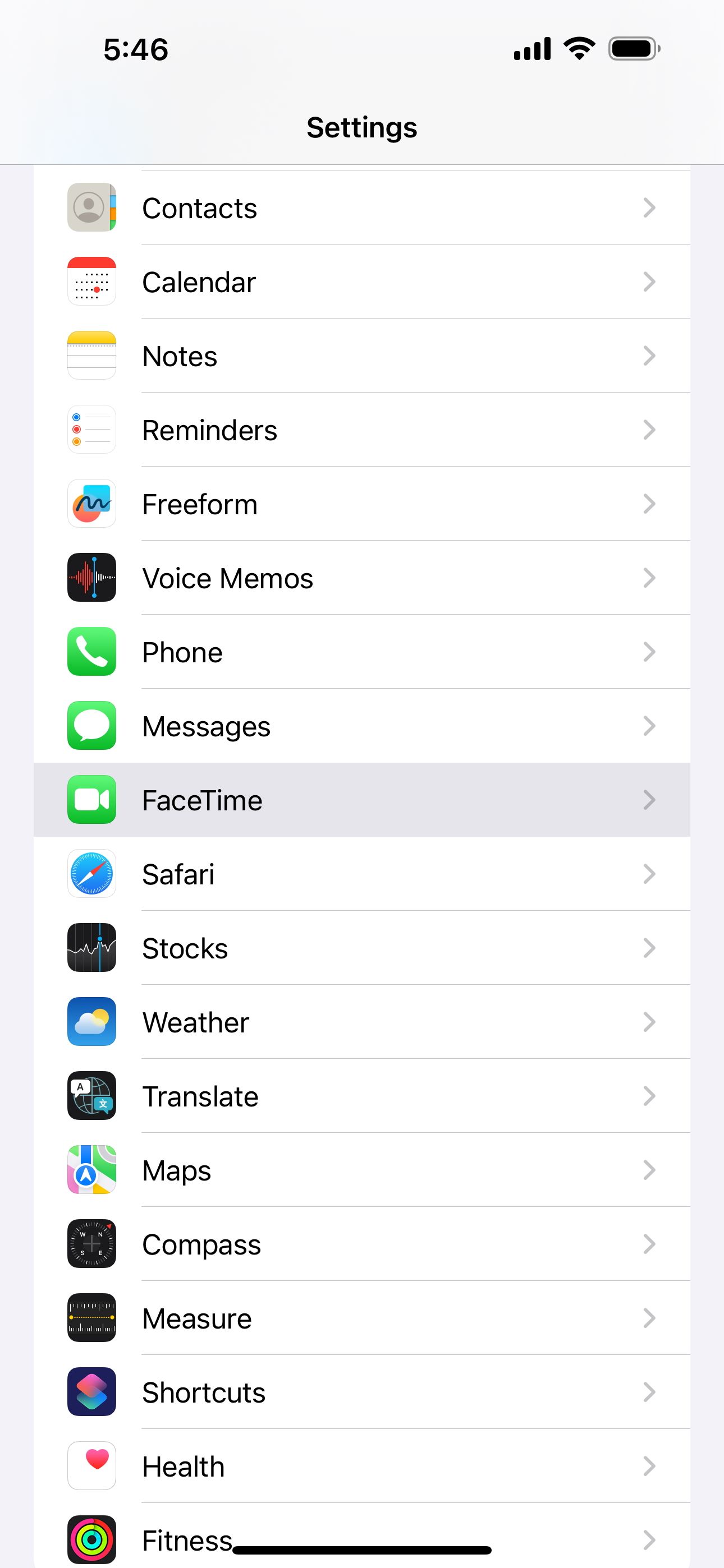 iOS Settings menu FaceTime selected