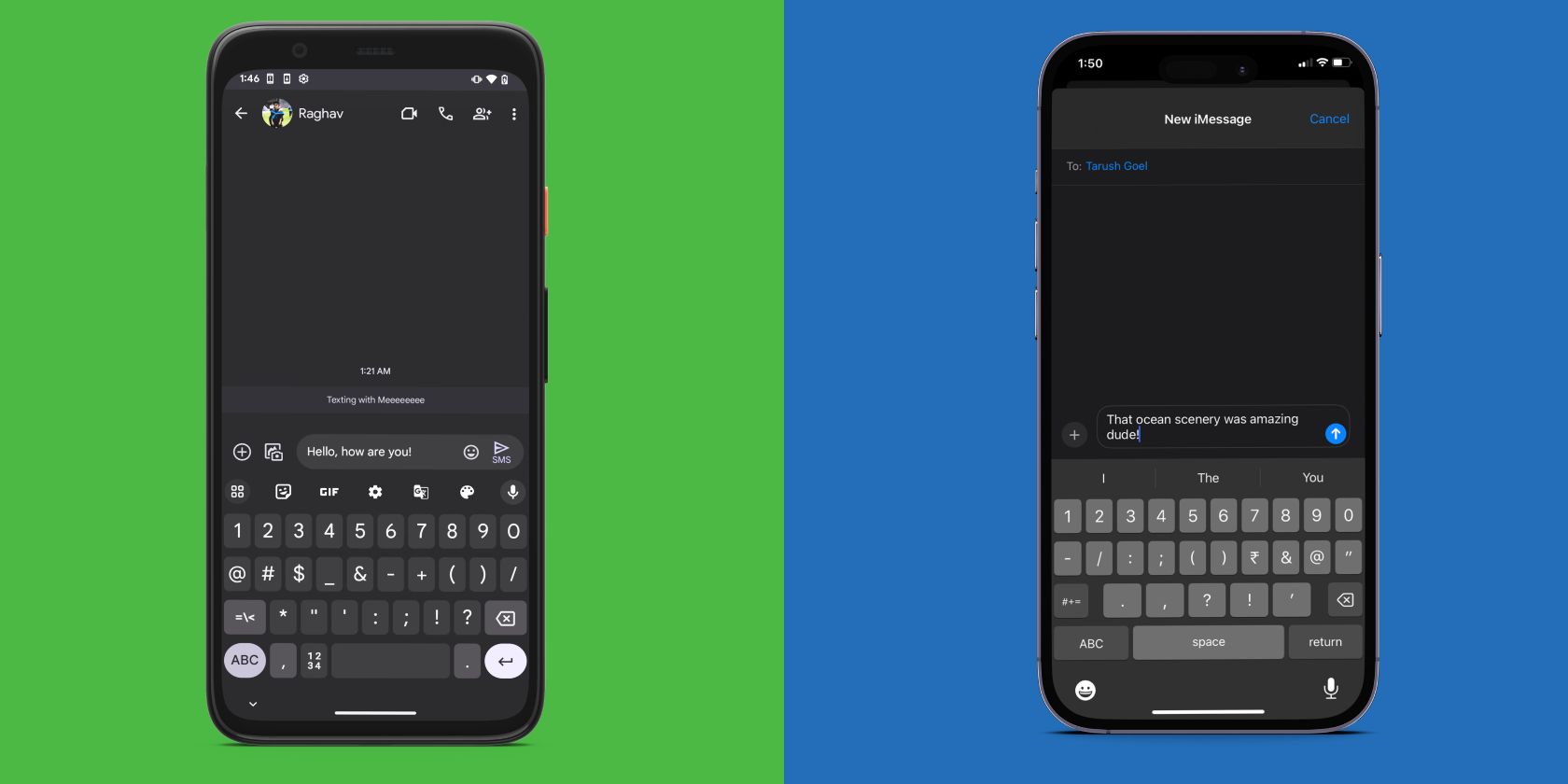 iPhone and Pixel with respective messaging apps open
