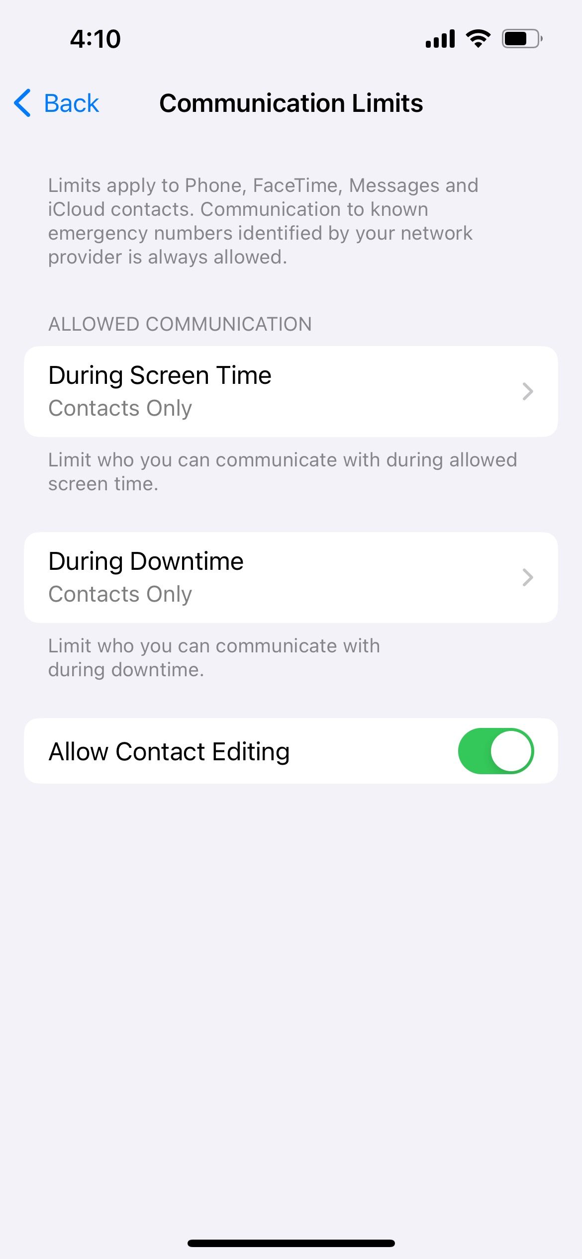 iphone communication limits settings